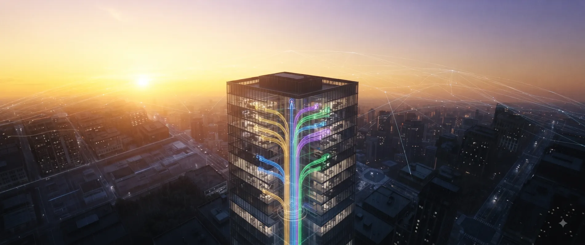 Glass tower with data streams flowing through every floor
